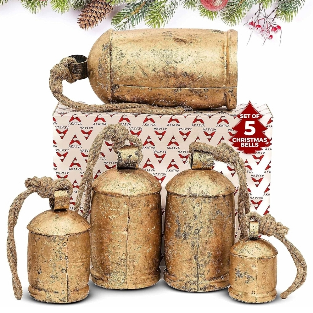 Akatva Large Brass Cow Bells for Rustic Christmas Decor - Set of 5 Vintage Gold